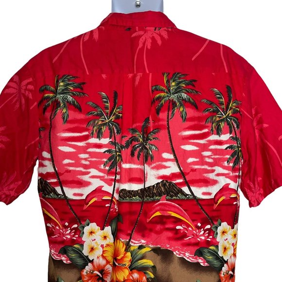 Palmwave Hawaii Fire Red Hawaiian Beach Volcano Floral Ocean Shirt Men's M - Picture 7 of 10
